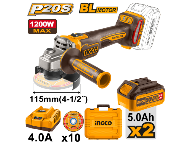AMOLADORA A BATERIA 4 1/2" 20V P20S C 2 X 5AH BAT CARG Y VALIJA INGCO CAGLI2211532