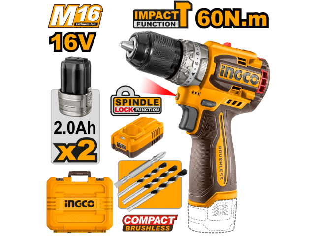 16V M16 60Nm 2.0AH MOTOR BRUSHLESS DRILL COM CHAVEIRO DE MARTELO COM 2 BATERIAS + CARREGADOR + BITS + INGCO CIDLI CASE