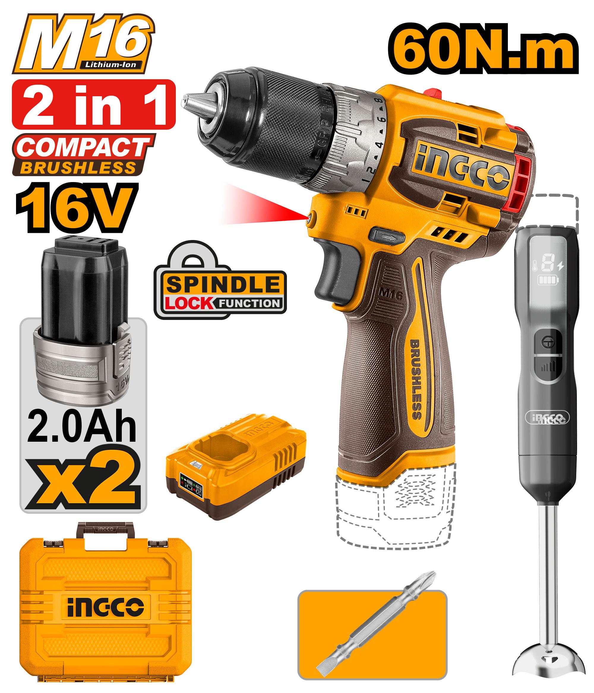 Kit combinado INGCO 16V sem fio de 2 peças com furadeira compacta sem escova e liquidificador manual CKLI1628