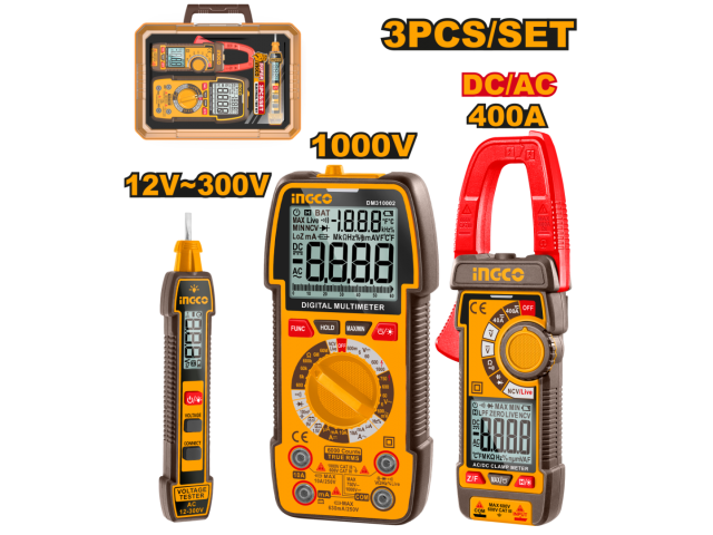 CONJUNTO DE MEDIÇÃO DE TESTADOR 12-300V (HSDT33001) + MULTÍMETRO 1000V (DM310002) + AMPERÍMETRO 400A (DCM62002) COS24067