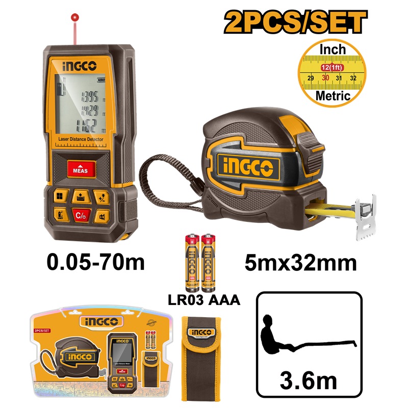 KIT COMBO DE FITA DISTANCIADORA A LASER INGCO HLDD241201* DE 70 M + 5 M X 32 MM