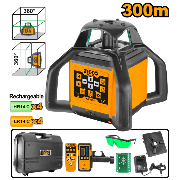 Nível de laser rotativo autonivelante Ingco HLRL30051 - Feixes de laser verdes, alcance externo de 300 m