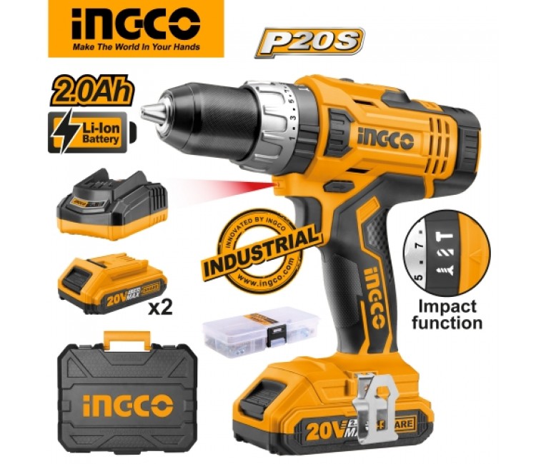 FURADEIRA/CHAVE DE FENDA DE LÍTIO 13MM 20 VOLTS C 2 PILHAS + ESTOJO INGCO CDLI2003