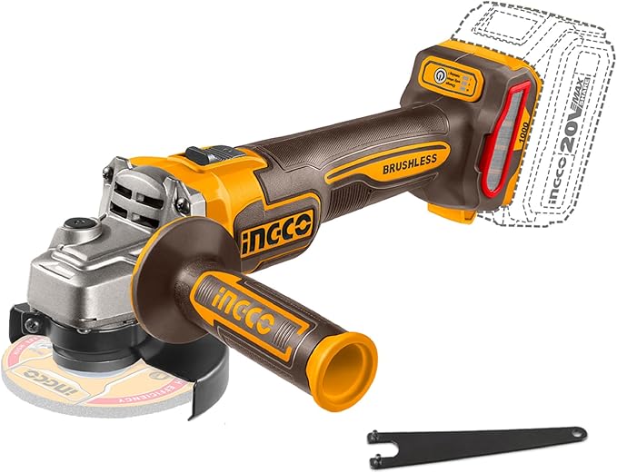 Esmerilhadeira angular sem fio INGCO 20V 115 mm (somente corpo), 1000 W, motor sem escovas, 3 velocidades variáveis ​​3000/6000/9000 RPM, ferramentas de esmerilhamento elétrico para cortar, esmerilhar, polir e afiar CAGLI27153