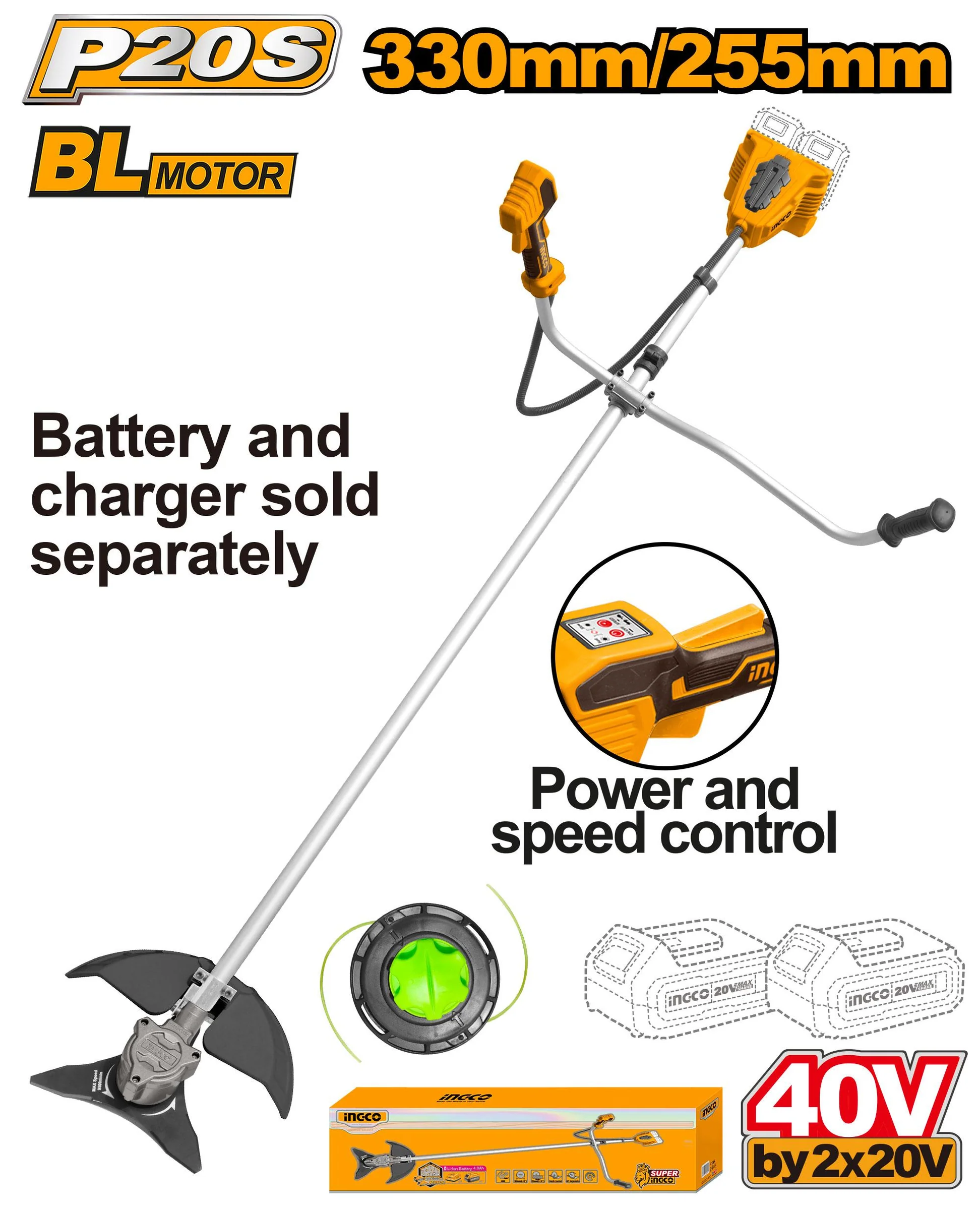 Aparador de grama a bateria  Ingco 20V/40V BL Motor CSTLI20018 