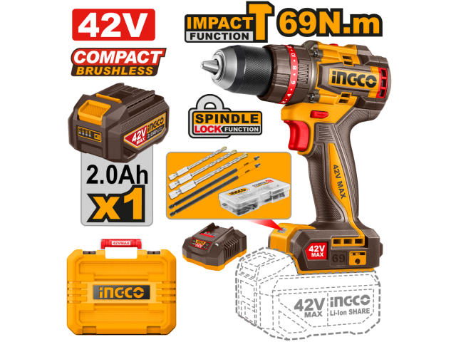INGCO CIDLI426981 42V 69NM parafusadora SEM ESCOVAS COM BATERIA + CARREGADOR + ESTOJO + ACESSÓRIOS